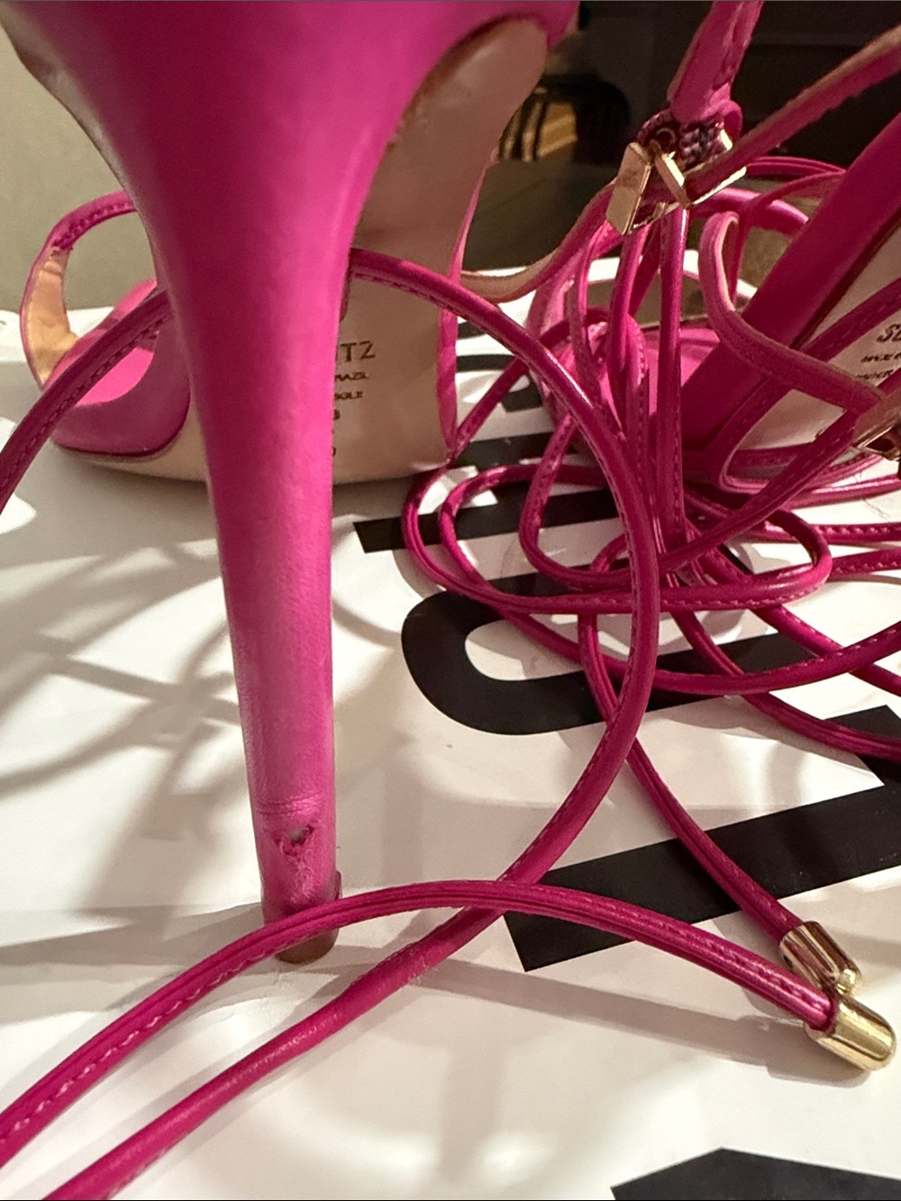 SCHUTZ Hot Pink Strappy High Heel Sandals with Gold Accent - Picture 4 of 6